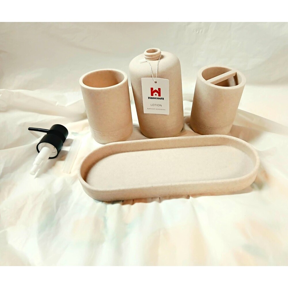 Haocoott Beige Matte Ceramic/Plastic 4pc Bathroom Set: Dispenser, Tumbler